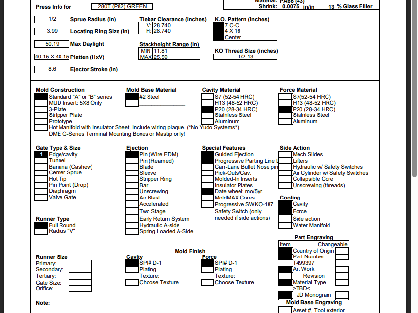 Tool build specification sheet