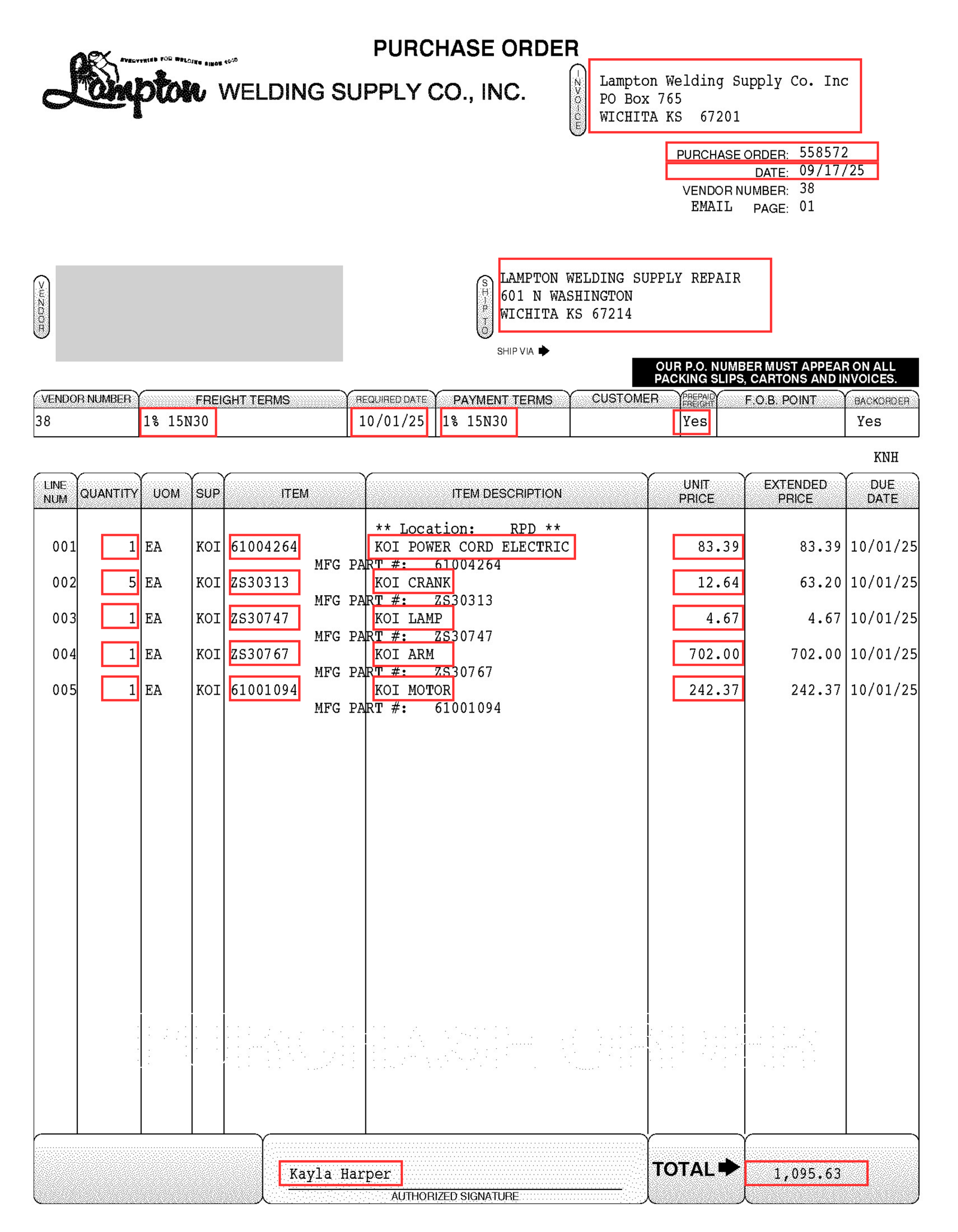 Purchase order from Lampton Welding Supply